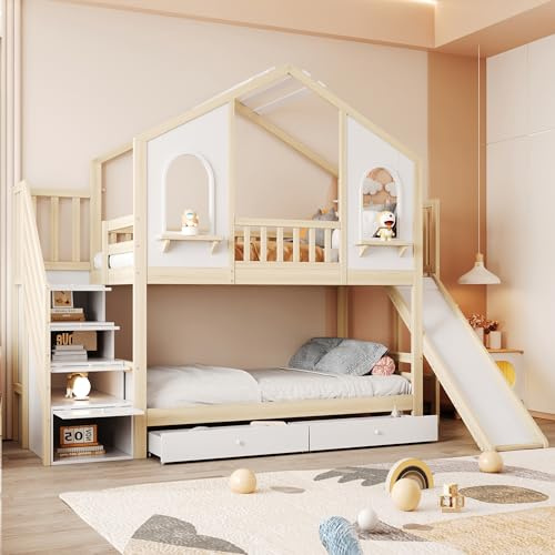 Letto a castello per bambini con scivolo e 2 cassetti,letto castello bambini 90 x200 cm con scala portaoggetti,letto a soppalco matrimoniale a forma di casa con porte ad arco,finestre curve,Naturale