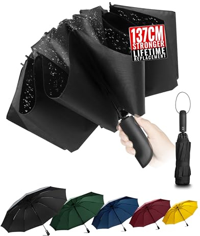 Conlun Ombrello pieghevole antivento pioggia compatto anti-tempesta - automatico nero per uomo, rivestimento in Tessuto 210T, ombrello inverso da 137 cm, grande 10 ossa Regali di Natale