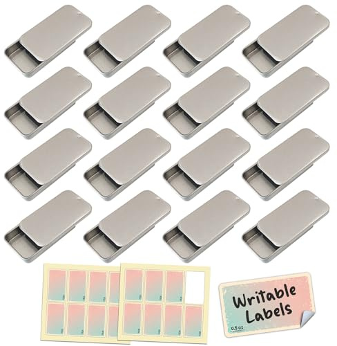 Cubic Ape Slide Top Tin Containers for Lip Balm, Solid Perfume (0.5 oz, 16-Pack, w/Labels) - (Small) Empty Cosmetics Metal Boxes with Sliding Lids (Frosted Silver)