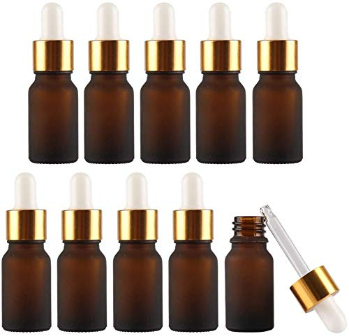 Alledomain 10Pcs, 10ml Frosted Amber Glass Bottles with Glass Pipettes, Mini Empty Dropper Bottles Gold Metal Cap Refillable Sample Container for Essential Oil/Aromatherapy Blends/Chemical Liquid