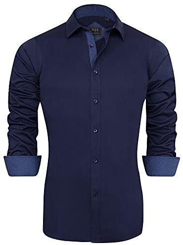 J.VER Shirts for Men Casual Formal Non Iron Button Down Dress Shirts Long Sleeve Inner Contrast Work Wedding Shirt Dark Blue XL