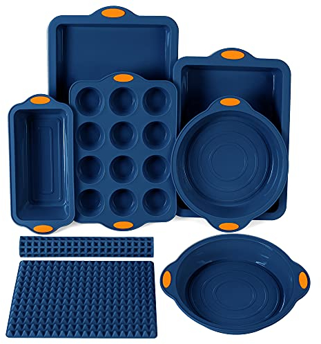 To encounter 8 in 1 Silicone Baking Set - 6 Silicone Molds - 2 Baking Mat, Nonstick Cookie Sheet, Cake Muffin Bread Pan with Metal Reinforced Frame More Strength, Navy Blue