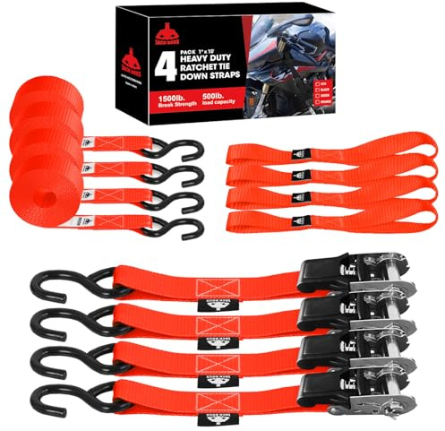 Jack Boss Ratchet Tie Down Straps Set, 1500 lbs Break Strength, 1 x 15' Heavy Duty Ratchet Straps with 4X Soft Loops Padded Handles Coated S Hook, Fits for Moving Appliances Motorcycle, Orange-Red
