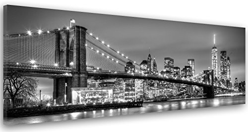 Feeby Vlies Leinwandbild Manhattan New York NYC USA 150x60 cm Wanddeko Design Kunstdruck Zimmerdeko Bilderwand Brooklyn Bridge Bei Nacht schwarz-weiß