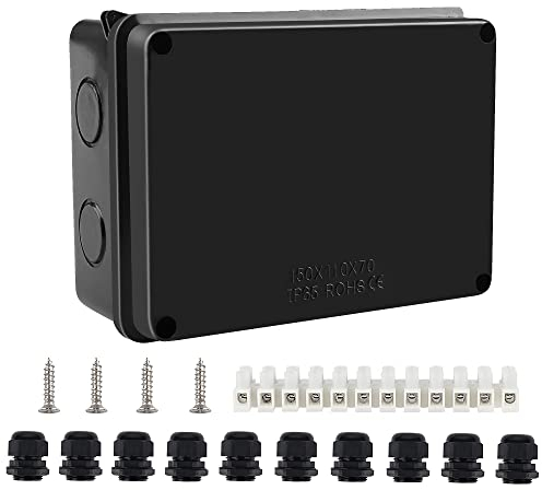 Elezenioc Abzweigdose Wasserdicht IP65 Aufputz-Abzweigkasten, M25 Verteilerdose, Großer ABS-Elektrokasten Kabelanschluss im Freien, Externer Elektroanschlusskasten, Schwarz(150x110x70mm)