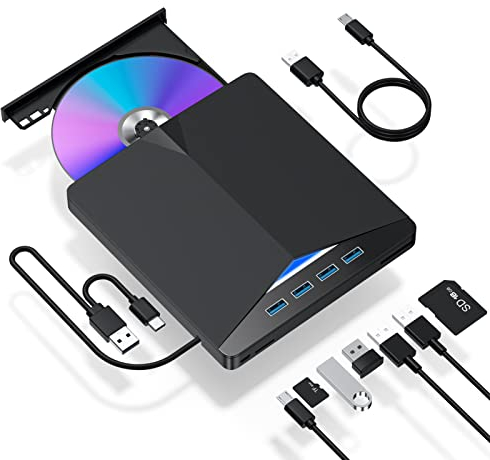 Unità CD/DVD esterna per laptop, lettore DVD USB 3.0 7 in 1, masterizzatore CD/DVD, lettore CD ROM esterno per laptop, compatibile con PC desktop Windows 11/10/8/7, Linux Mac OS (nero)