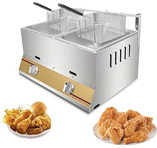 10L/10L+10L Friteuse a Gaz Professionnelle avec Panier et Couvercle, Récipient a Huile Amovible, pour Restaurants de Frites, Stands de Restauration Rapide, Snack-bars, Fêtes