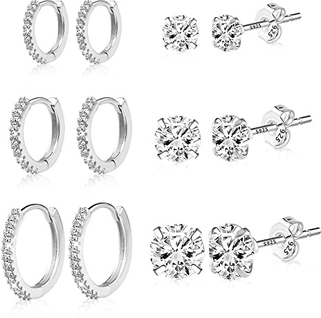 ALEXCRAFT Silver Earrings for Women, Sterling Silver 925 Earrings Set, Shiny AAA+ Diamond Zirconia Hoops Small Ball Studs, 6 Pairs Silver Studs Hypoallergenic Cartilage Huggie Earrings Women Grils
