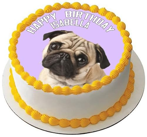 PUG DOG Premium Quality Edible Large 7.5 Inch Round Icing Cake Topper - Text can be Customizable - Make your Celebrations Memorable with Our Delightful Charming Cake Toppers D2
