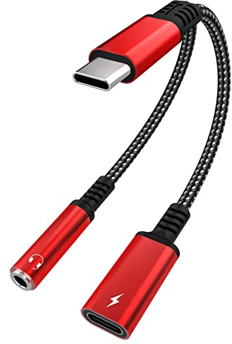 Asobilor USB Type C to 3.5mm Headphone and Charger Adapter, 2 in 1 Type C to Aux Audio Jack Hi-Res DAC and PD Fast Charge Dongle Cable Compatible with Most Type-C Model (Red)