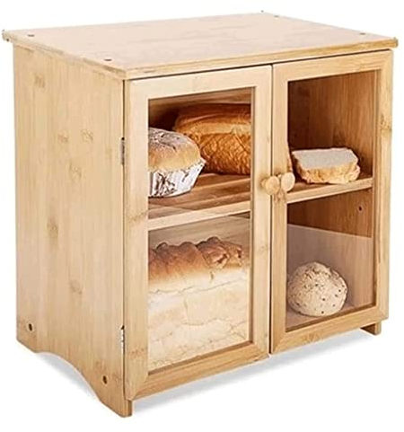 LIOONS vintagecaja panera Panera de bambú con ventana transparente, soporte de pan de 2 niveles para almacenamiento de alimentos en la cocina, panera de gran capacidad contenedor de pan