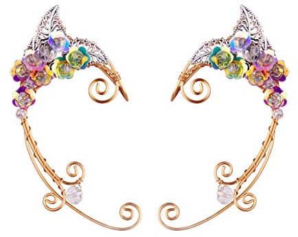 Elf Ear Cuffs, OwMell Handcraft Silver Pointed Fairy Elven Cosplay Fantasy Costume Bridal Wedding Earrings for Non Pierced Ears - Colorful Flowers