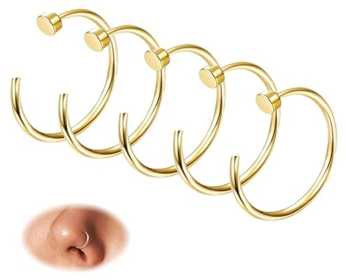 20G 14K Gold Plated Nose Rings Hoops for Women Nose Piercing - Hypoallergenic 316L Stainless Steel Hoop Nose Rings Piercing Jewelry 5PCS 8mm