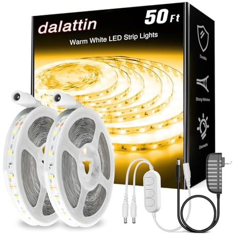 dalattin Warm White LED Strip Lights 50ft, Led Lights Strip Dimmable Bright 24V 3000K, 900 LEDs Lights for Bedroom, Mirror, Kitchen, Strong Adhesive（2 Rolls of 25ft）