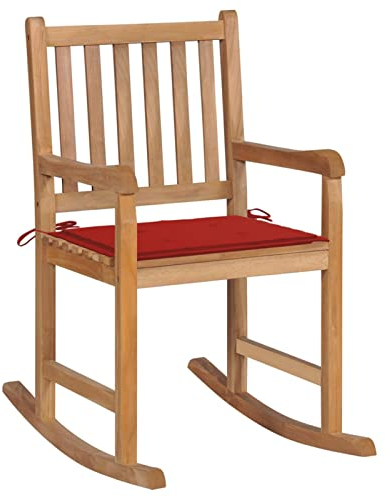 BaraSh Schaukelstuhl mit Rotem Kissen Massivholz Teak Sessel Mit Schlaffunktion Kinosessel