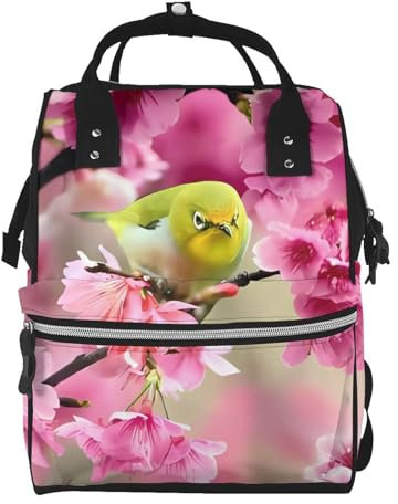 OrcoW Vogel In Pfirsichbaum Print Wickeltasche Mumie Rucksack Große Kapazität Multifunktions Wasserdichte Windeltasche Für Mama Und Papa, Schwarz , One size