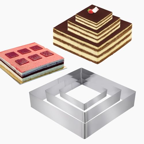 Lnjya Juego de 3 anillos para tartas, diámetro de 10/15/20 cm, acero inoxidable, cuadrado, molde para hornear, molde alto 4,5 cm, DIY para pasteles y tartas de mousse
