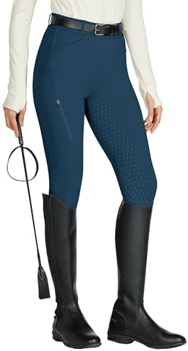 WILLIT Leggings da equitazione da donna Pantaloni da equitazione con grip in silicone completo a vita alta elasticizzati Pantaloni da equitazione con tasca con cerniera passanti per cintura, Blu