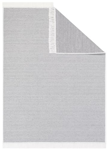 TAPISO Azteca Teppich Kurzflor Baumwolle Beidseitig Anwendbar Creme Grau mit Fransen Waschbar Wohnzimmer Schlafzimmer Waschmaschinenfest Küche ÖKOTEX 160 x 230 cm