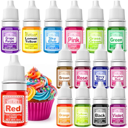 Food Colouring Liquid - Fidton 15 Colours Highly Concentrated Food Dye, Food Colouring Set for Icing, Macaroons, Cake Decoration, Ice Cream, Fondant, Icing Colouring for Slime - 6 ml