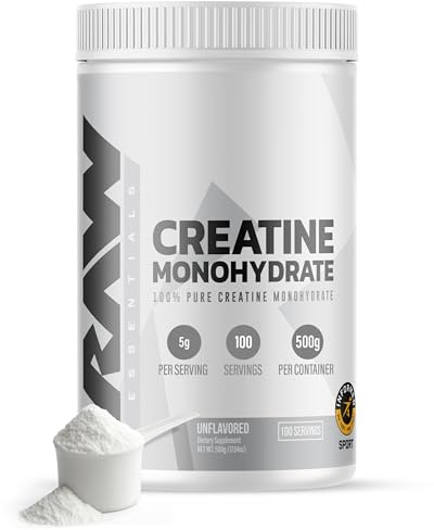 RAW Nutrition Creatine Monohydrate Powder, Unflavored (100 Servings) - Micronized Creatine Monohydrate Supplement for Workout Performance, Build Muscle & Strength - Creatine Powder for Men & Women