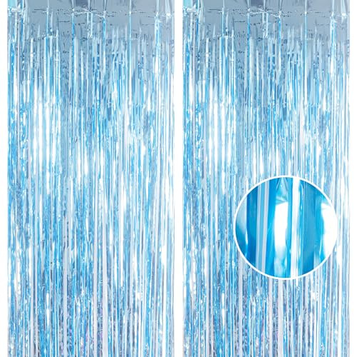 2pcs 3.2 x 8.3ft Glitter Baby Blue Tinsel Curtain Streamers Door Fringe Foil Curtain Backdrop Birthday Party Decorations for Boys Girls Baby Shower Mermaid Frozen Party Decorations Banner Blue