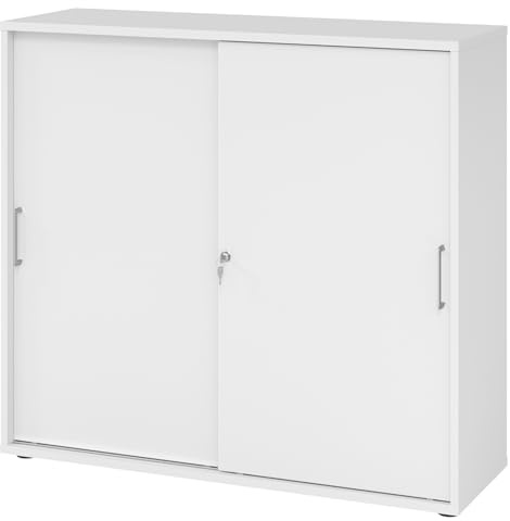 bümö Schiebetürenschrank 3OH - Aktenschrank abschließbar, Sideboard Schrank mit Schiebetüren in Weiss, Bügelgriff - Büroschrank aus Holz mit Schiebetür, Büro Kommode für Ordner & Co.
