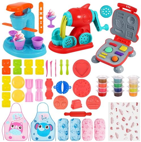 Yimomoyi 3 in 1 Play Color Dough Kitchen Creations Set, Play Color Dough Set for Kids, Ice Cream Noodle Hamburger Maker Machine, Deluxe Dough Tools Kit for Kids 3 years+(12 Colors Dough+Aprons)