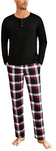 Uniexcosm Pigiama Uomo Lungo Contone, Set Pigiama Uomo Manica Lunga Top + Pantaloni Scozzesi, Uomo Pigiama Due Pezzi con Tasca e Coulisse Regolabile per Autunno Inverno