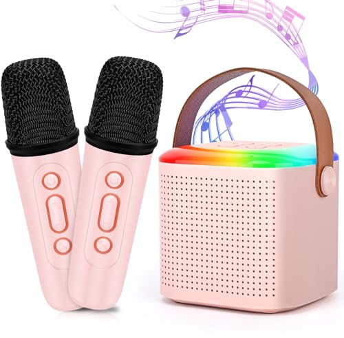 Mamowla Karaoke con Microfono Wireless Bambini, Microfono Karaoke Giocattoli con 2 Microfoni Wireless Bluetooth, Microfono Wireless Karaoke con Luce LED Portatile per Principianti/Bambini, Rosa