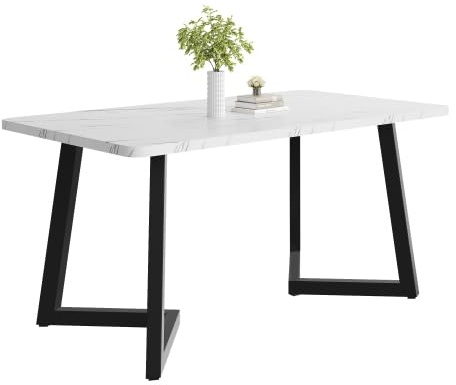 Merax Esstisch 117x68cm, Rechteckiger Marmormuster Esstisch, für 4-6 Personen, Metallrahmen, Metallbeine, geeignet für Restaurant, Wohnzimmer, Küche,Wohnzimmer, Weiß/Schwarz