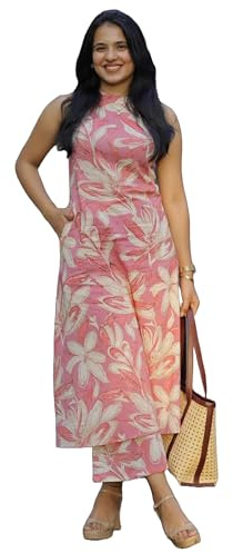 ANNI DESIGNER Kurta da donna in rayon viscosa con stampa dritta con pantaloni, rosa, S