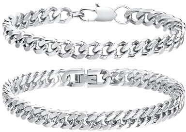 2 stück Herren Armband Edelstahl,Männer Armbänder Panzerkette,Armreif Hip Hop Rapper Modeschmuck,Men Bracelet Silber,Schwer Glieder Cuban Herrenarmbänder,Geschenke für Papa Sohn Bruder Ehemann Jungen