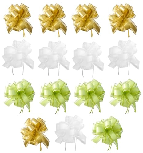 Hevysuo 15 Piezas Lazo de Regalo,Lazos Grandes para Envolver Regalos 15cm,Lazos Decorativos para Bodas,Lazo Grande para cumpleaños,Decoración de Navidad,Boda,Fiesta(Oro/Blanco/Verde)