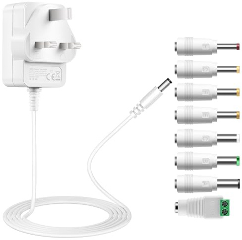 Tonton 12V DC Power Adapter 1A 12W Power Supply Adapter 100-240V AC to 12V DC Adaptor Converter Wall Plug for LED Strip Router Camera Monitor TV Box Printer with 8 Tips Connector UL Listed (White)