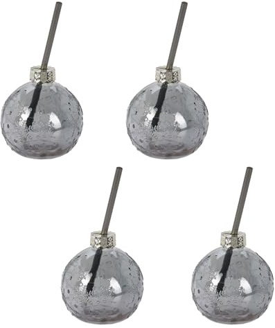 Carousel Home Pack of 4 Metallic Grey Christmas Bauble Drinking Jar | Novelty Bauble Shaped Christmas Drinking Glass with Straw