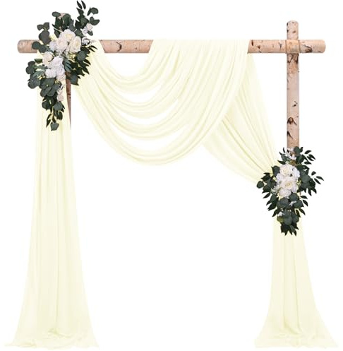 4 Paneele Hochzeitsbogen Querbehang Drapierstoff,73cm x 610cm Elfenbeinfarben Chiffon-Stoff Transparenter Tüll Hintergrund Vorhang Kulissenvorhänge für Fotografie Bogen Bühne Party Hochzeit Torbogen