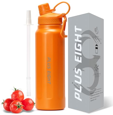 pluseight Sports Water Bottle, Insulated Water Bottle With Straw, Stainless Steel Water Bottle Wide Mouth for Sports, Gym or Office, BPA-Free Keep Cold 24H Hot 12H (Orange, 950 ml)