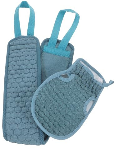 HONMEET Badehandschuh Und Langes Badetuch Mit Langen Streifen Weiches Peeling Satz Für Rückenreinigung Mit Praktischem Halteband Blau Für Duschen Und Spa