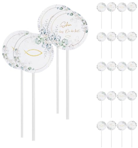 ZORVUJI 24 Stück Kommunion Cake Topper Fisch Design, Tortendeko für Taufe Konfirmation, Cupcake Tortenstecker mit Holzstäbchen, Dessertdeko für religiöse Feste