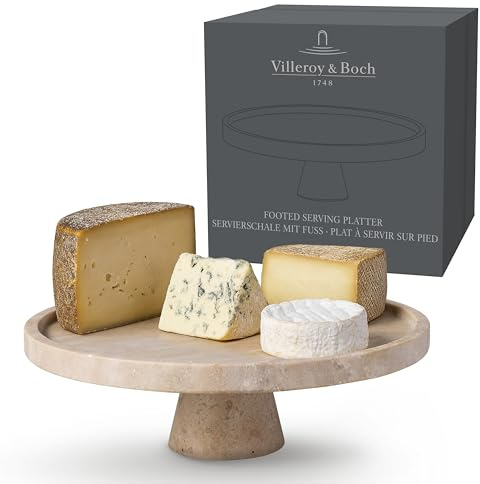 Villeroy & Boch - Manufacture Travertine, fuente para servir con pie beis de travertino, hecha a mano, diseño elegante de piedra natural en tonos arena, decoración en piedra para la mesa