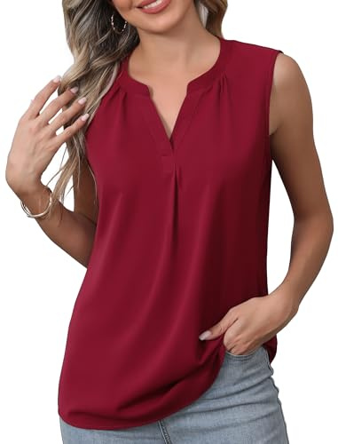 YGJIEGENG Womens Summer Sleeveless Vests Ladies Front Pleated Chiffon Tank Tops Blouses for Women UK V-Neck Loose Casual Blouses, Wine Red, Large