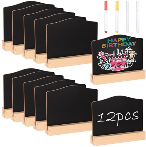 Vikcvcsc 12 Stück Mini Kreidetafel mit Holz Ständer,Kleine Tafeln zum Beschriften,Abwischbare Doppelseitig Kreidetafeln Klein Memotafel mit Holz Sockel für Preisschilder,Buffet Schilder,Bäckerei,Party
