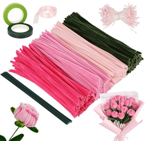 QMLING Juego de 400 limpiadores de tuberías, limpiador de tuberías multicolor con flores, hojas de polvo, cinta floral y alambre de flores para bricolaje