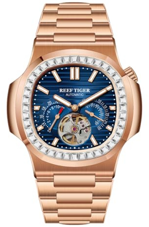 REEF TIGER Men's Rose Gold Square Watch Crystal Bezel 24-Hour Tourbillon Mechanical Waterproof Automatic RGA20S7 Fashion Timepiece