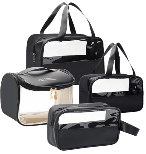 Transparente Kulturtasche, 4Stück Flugzeug PVC+PU Kosmetiktasche Wasserdicht, Frauen Transparente Kulturtaschen Tasche Flughafen-konforme Tasche (Schwarz)