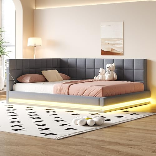 Kebnor Polsterbett Schlafsofa Multifunktionsbettmit LED Lichtleiste, USB Steckdose und Lattenrost, hautsympathischer Samtstoff(ohne Matratze) (Grau, 160 * 200cm)