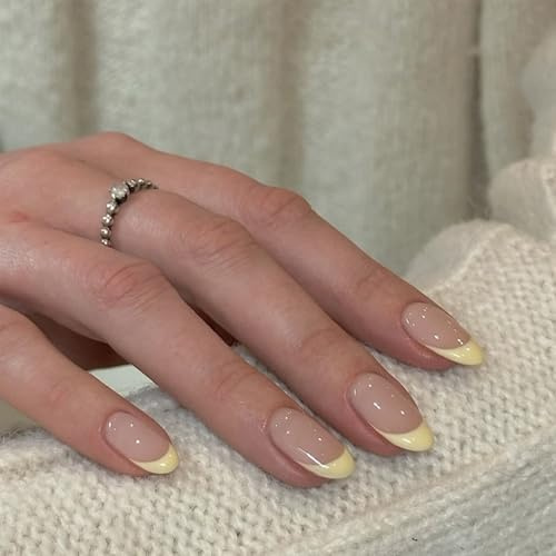 Almond False Nails - Yellow French Tip Nails - 24pcs Fake Nails With Glue - Nude Color Acrylic Press On nails - High Glossy Full Cover Glue Stick On nails For Women