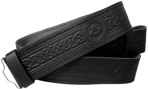 VARIETOS Scottish Kilt Belt – Genuine Leather – Traditional Highland Belt with Celtic Buckle – Adjustable & Durable (Celtic Swirl, XX-Large (50''-54''))