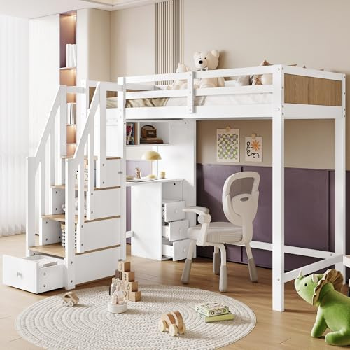 TOBIDOEN Hochbett 90x200 cm, Schreibtisch mit Schubladen, Kinderbett Jugendbett mit 4-Stufen-Leiterschrank und Lagerregal, Bettgestell mit Rausfallschutz & Lattenrost, Kiefer, Weiß+Natur